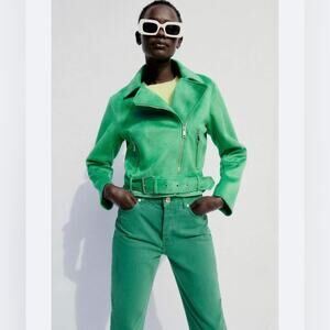 Zara Green Faux Suede Motorcycle Jacket Size Small